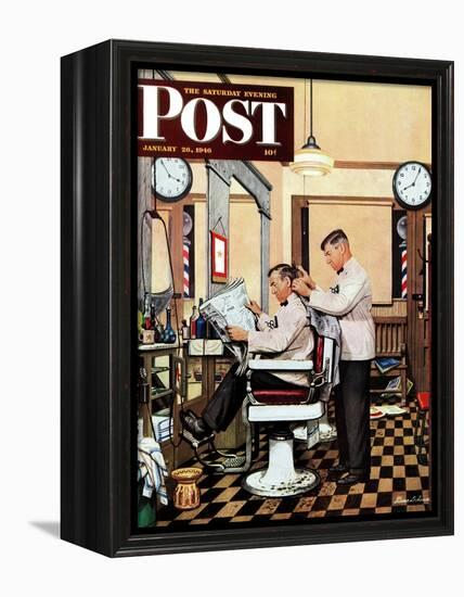"Barber Getting Haircut," Saturday Evening Post Cover, January 26, 1946-Stevan Dohanos-Framed Premier Image Canvas