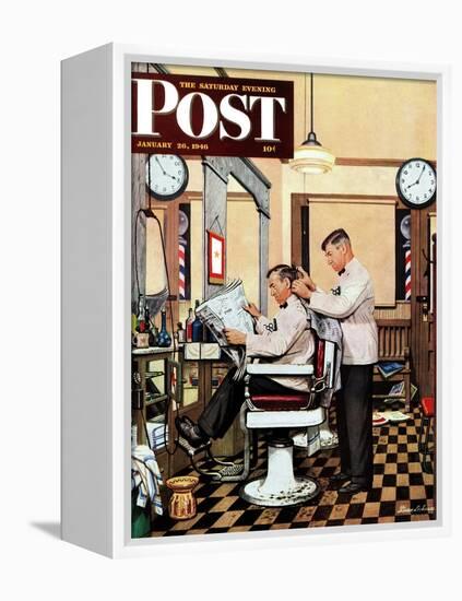 "Barber Getting Haircut," Saturday Evening Post Cover, January 26, 1946-Stevan Dohanos-Framed Premier Image Canvas