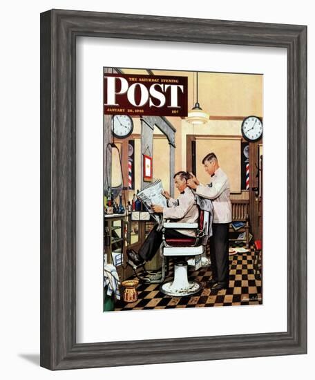 "Barber Getting Haircut," Saturday Evening Post Cover, January 26, 1946-Stevan Dohanos-Framed Giclee Print