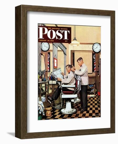 "Barber Getting Haircut," Saturday Evening Post Cover, January 26, 1946-Stevan Dohanos-Framed Giclee Print