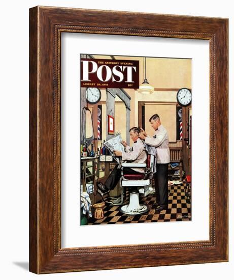 "Barber Getting Haircut," Saturday Evening Post Cover, January 26, 1946-Stevan Dohanos-Framed Giclee Print