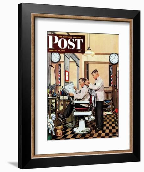 "Barber Getting Haircut," Saturday Evening Post Cover, January 26, 1946-Stevan Dohanos-Framed Giclee Print