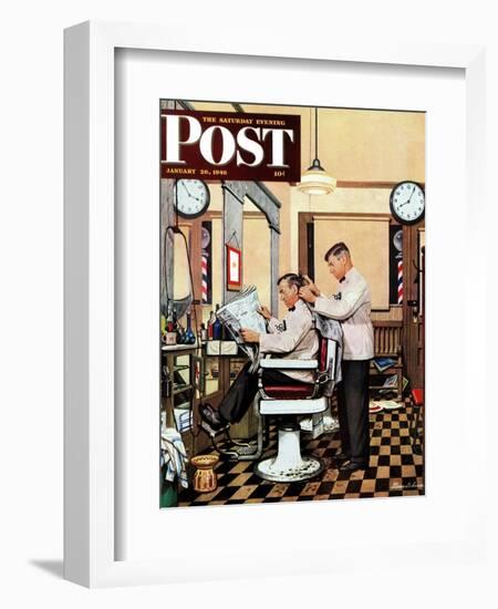 "Barber Getting Haircut," Saturday Evening Post Cover, January 26, 1946-Stevan Dohanos-Framed Giclee Print