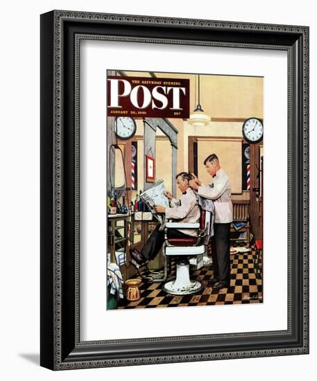 "Barber Getting Haircut," Saturday Evening Post Cover, January 26, 1946-Stevan Dohanos-Framed Giclee Print