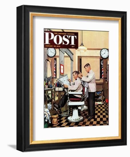 "Barber Getting Haircut," Saturday Evening Post Cover, January 26, 1946-Stevan Dohanos-Framed Giclee Print