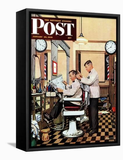 "Barber Getting Haircut," Saturday Evening Post Cover, January 26, 1946-Stevan Dohanos-Framed Premier Image Canvas