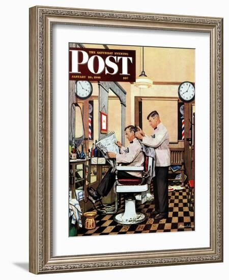 "Barber Getting Haircut," Saturday Evening Post Cover, January 26, 1946-Stevan Dohanos-Framed Premium Giclee Print