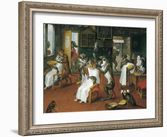 Barber's Shop with Monkeys and Cats-Abraham Teniers-Framed Art Print