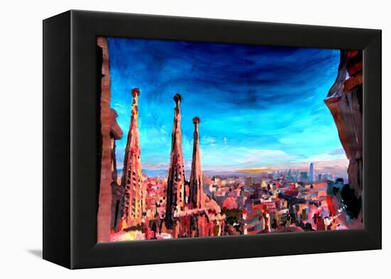 Barcelona City View and Sagrada Familia-Markus Bleichner-Framed Stretched Canvas