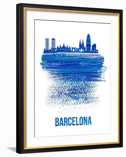 Barcelona Skyline Brush Stroke - Blue-NaxArt-Framed Art Print