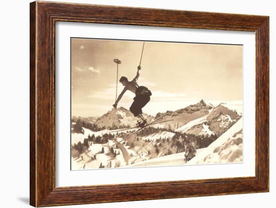 Bare-Chested Airborne Skier-null-Framed Art Print