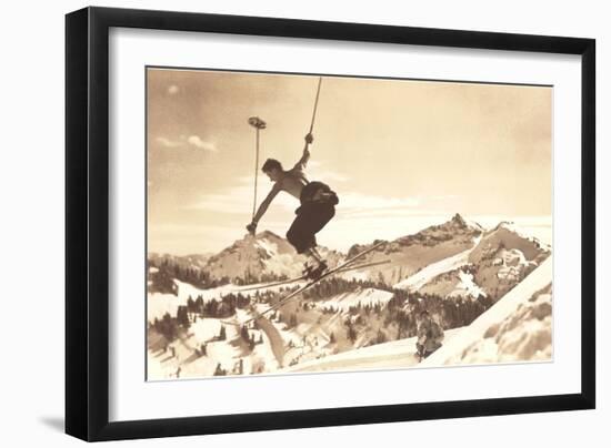 Bare-Chested Airborne Skier-null-Framed Art Print