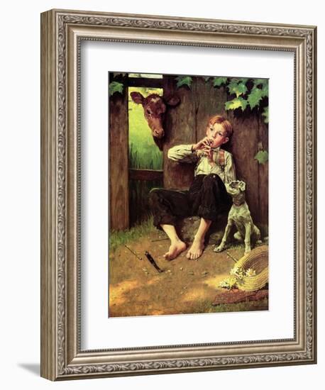 Barefoot Boy Playing Flute-Norman Rockwell-Framed Giclee Print