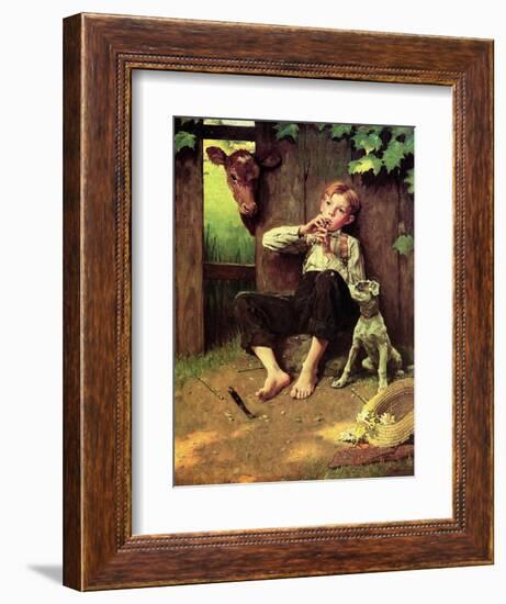 Barefoot Boy Playing Flute-Norman Rockwell-Framed Giclee Print