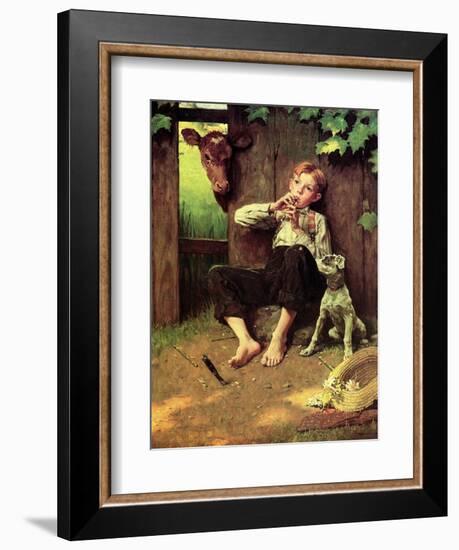 Barefoot Boy Playing Flute-Norman Rockwell-Framed Giclee Print