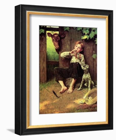 Barefoot Boy Playing Flute-Norman Rockwell-Framed Giclee Print