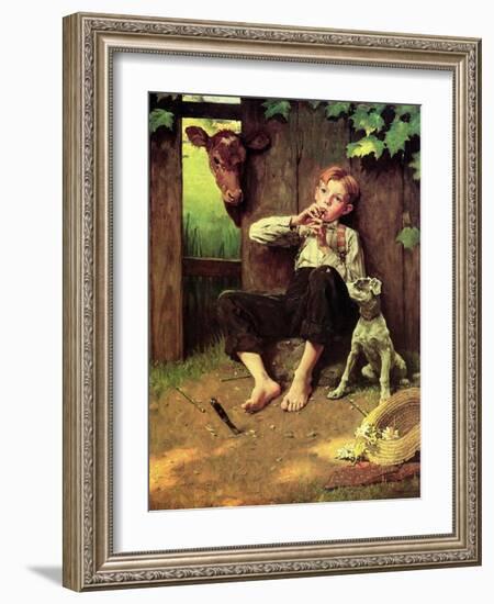 Barefoot Boy Playing Flute-Norman Rockwell-Framed Giclee Print