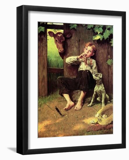 Barefoot Boy Playing Flute-Norman Rockwell-Framed Giclee Print