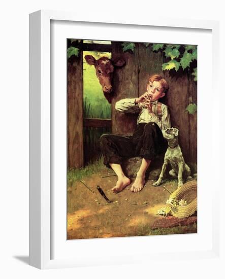 Barefoot Boy Playing Flute-Norman Rockwell-Framed Giclee Print