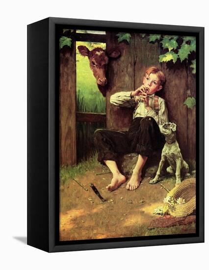 Barefoot Boy Playing Flute-Norman Rockwell-Framed Premier Image Canvas