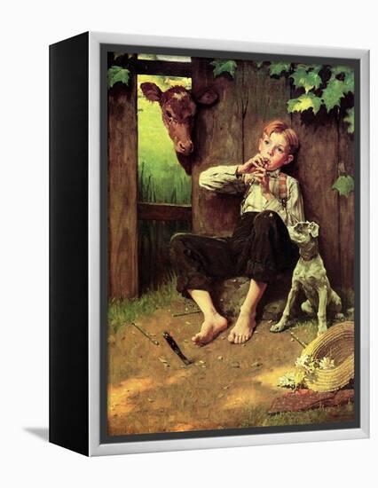 Barefoot Boy Playing Flute-Norman Rockwell-Framed Premier Image Canvas