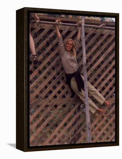 Barefoot Girl Swinging on Structure Containing Baby Chicks in Coop, Woodstock Music and Art Fair-John Dominis-Framed Premier Image Canvas