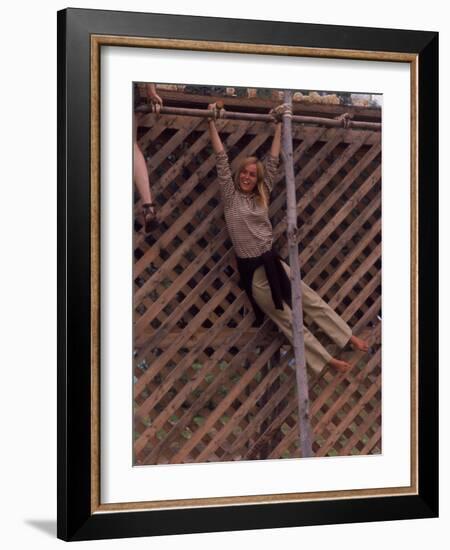 Barefoot Girl Swinging on Structure Containing Baby Chicks in Coop, Woodstock Music and Art Fair-John Dominis-Framed Photographic Print