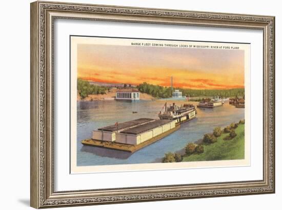 Barge Fleet, Mississippi River, Minnesota-null-Framed Art Print