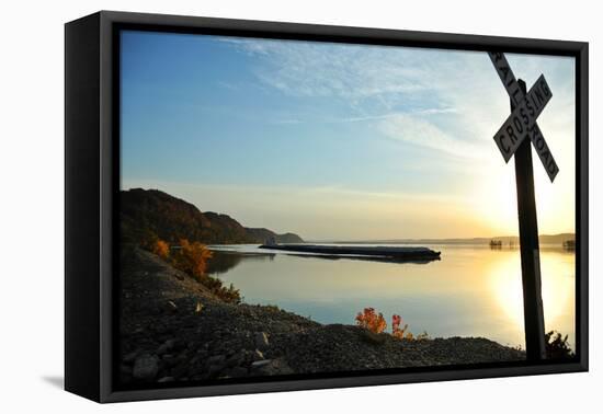 Barge in Mississippi River, Wisconsin, USA-null-Framed Premier Image Canvas