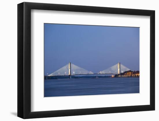 Barge on Mississippi River and Bill Emerson Memorial Bridge at dusk, Cape Girardeau, Missouri-Richard & Susan Day-Framed Photographic Print
