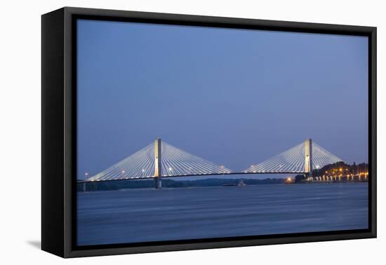 Barge on Mississippi River and Bill Emerson Memorial Bridge at dusk, Cape Girardeau, Missouri-Richard & Susan Day-Framed Premier Image Canvas