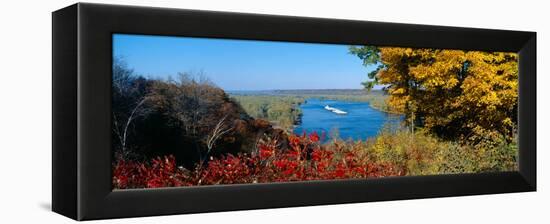 Barge on Mississippi River in Autumn, Great River Road, Iowa-null-Framed Stretched Canvas