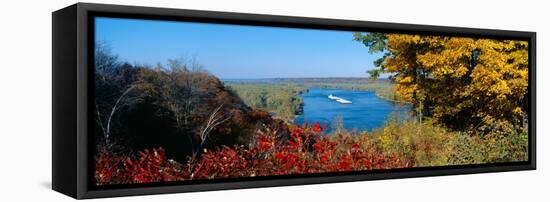Barge on Mississippi River in Autumn, Great River Road, Iowa-null-Framed Stretched Canvas
