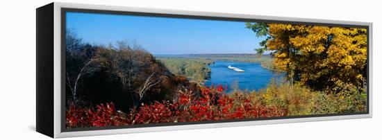 Barge on Mississippi River in Autumn, Great River Road, Iowa-null-Framed Stretched Canvas