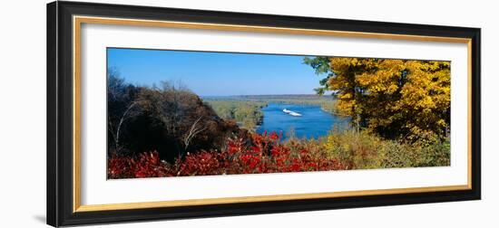 Barge on Mississippi River in Autumn, Great River Road, Iowa-null-Framed Photographic Print