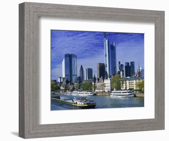 Barge on Water & Skyline, Frankfurt, Germany-Peter Adams-Framed Photographic Print