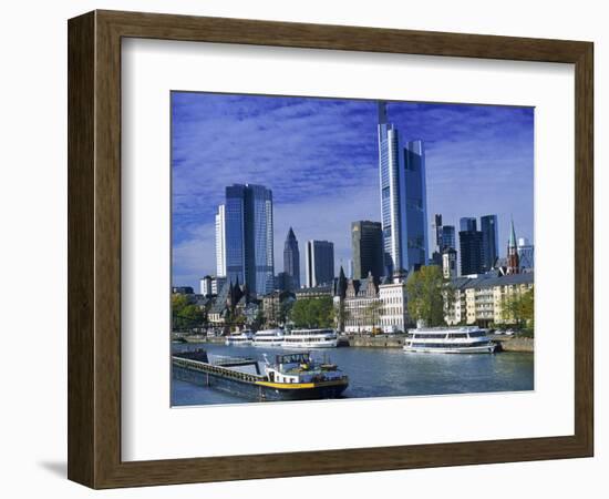 Barge on Water & Skyline, Frankfurt, Germany-Peter Adams-Framed Photographic Print