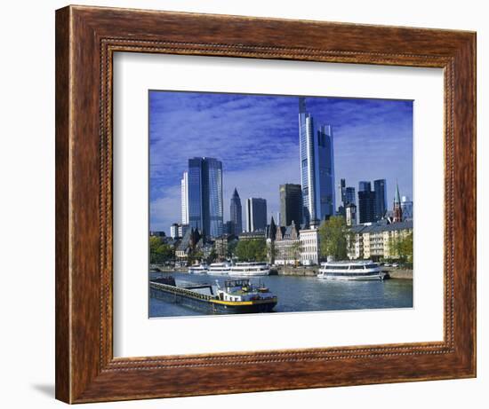 Barge on Water & Skyline, Frankfurt, Germany-Peter Adams-Framed Photographic Print