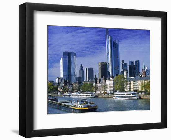 Barge on Water & Skyline, Frankfurt, Germany-Peter Adams-Framed Photographic Print