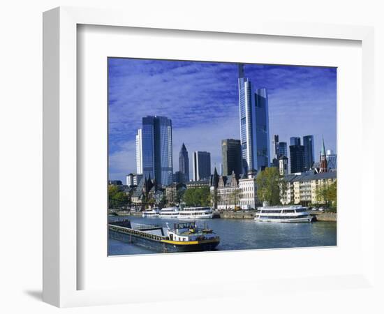 Barge on Water & Skyline, Frankfurt, Germany-Peter Adams-Framed Photographic Print