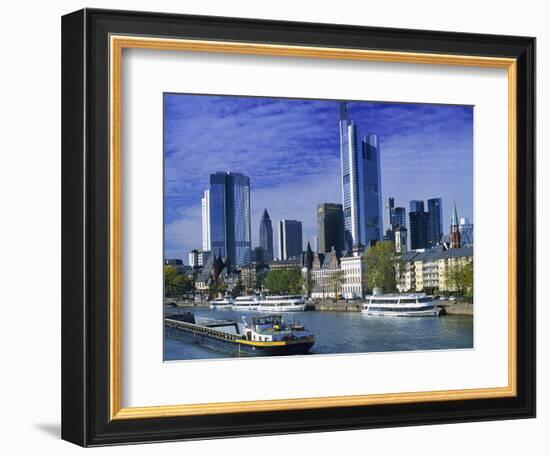 Barge on Water & Skyline, Frankfurt, Germany-Peter Adams-Framed Photographic Print