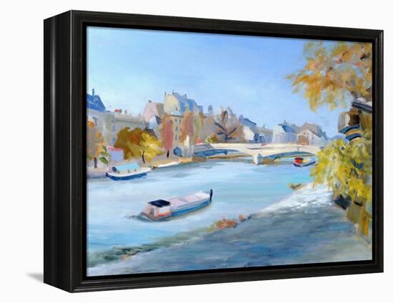 Barge Sailing Down the River Seine in Paris-Anne Durham-Framed Premier Image Canvas