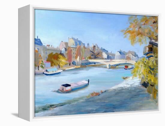 Barge Sailing Down the River Seine in Paris-Anne Durham-Framed Premier Image Canvas