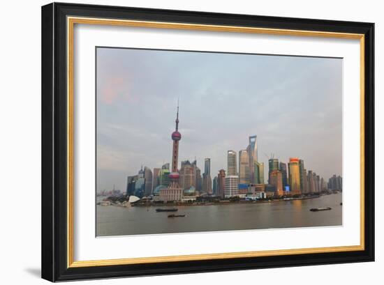 Barges and Pudong Skyline, Sunset, Shanghai, China-Peter Adams-Framed Photographic Print