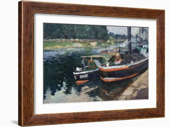 Barges at Pontoise-Camille Pissarro-Framed Art Print