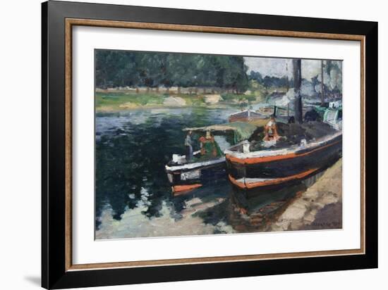 Barges at Pontoise-Camille Pissarro-Framed Art Print