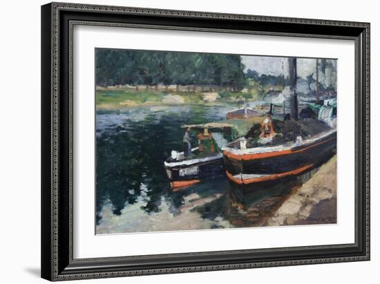 Barges at Pontoise-Camille Pissarro-Framed Art Print