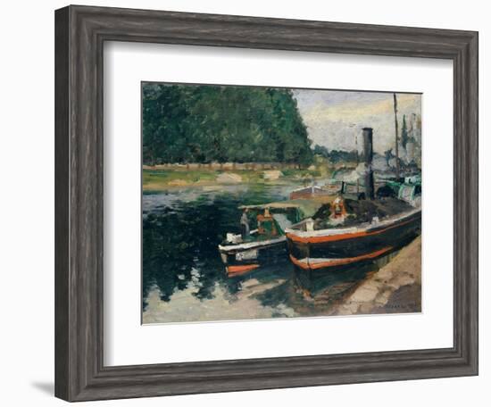 Barges at Pontoise-Camille Pissarro-Framed Art Print