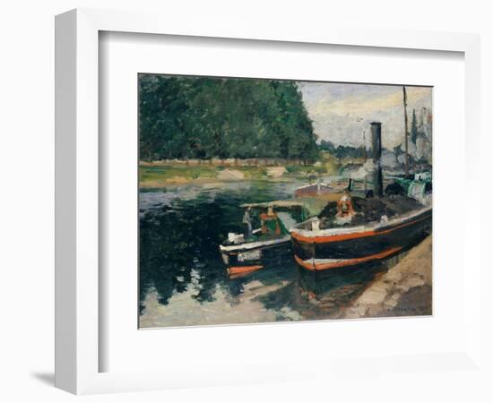 Barges at Pontoise-Camille Pissarro-Framed Art Print