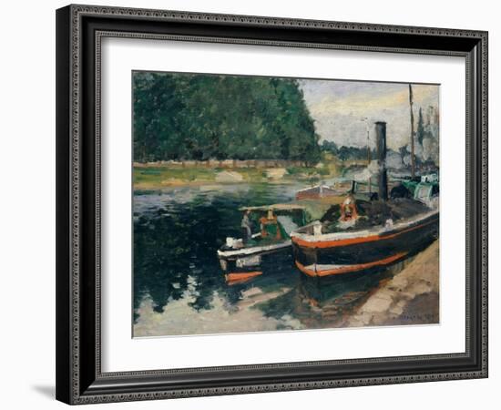 Barges at Pontoise-Camille Pissarro-Framed Art Print